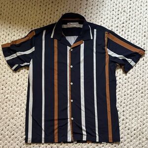 Zara Men's Casual Striped Shirt - Navy, White, Brown